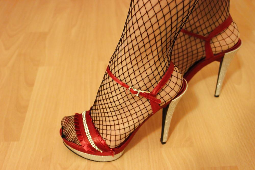 25P Milf in Red Dress and Fishnet Tights over sheer Pantyhose