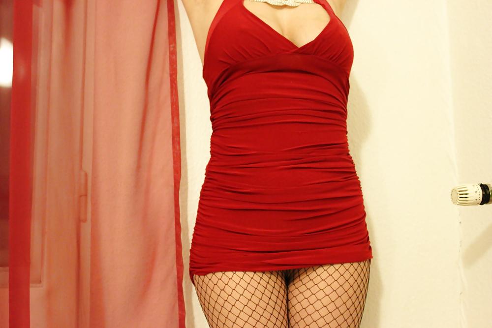 25P Milf in Red Dress and Fishnet Tights over sheer Pantyhose