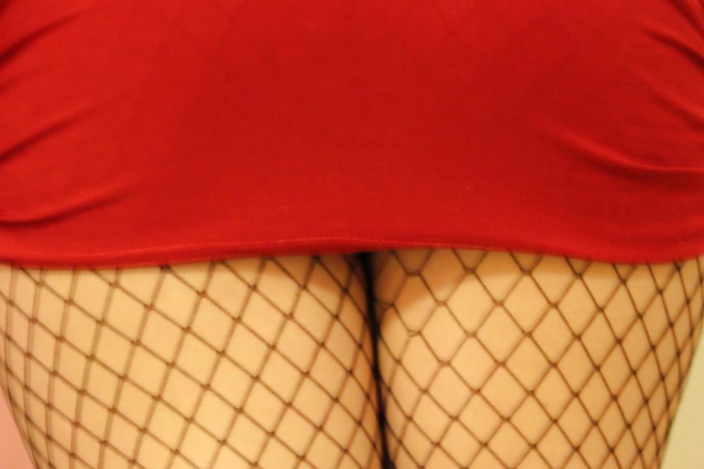 25P Milf in Red Dress and Fishnet Tights over sheer Pantyhose