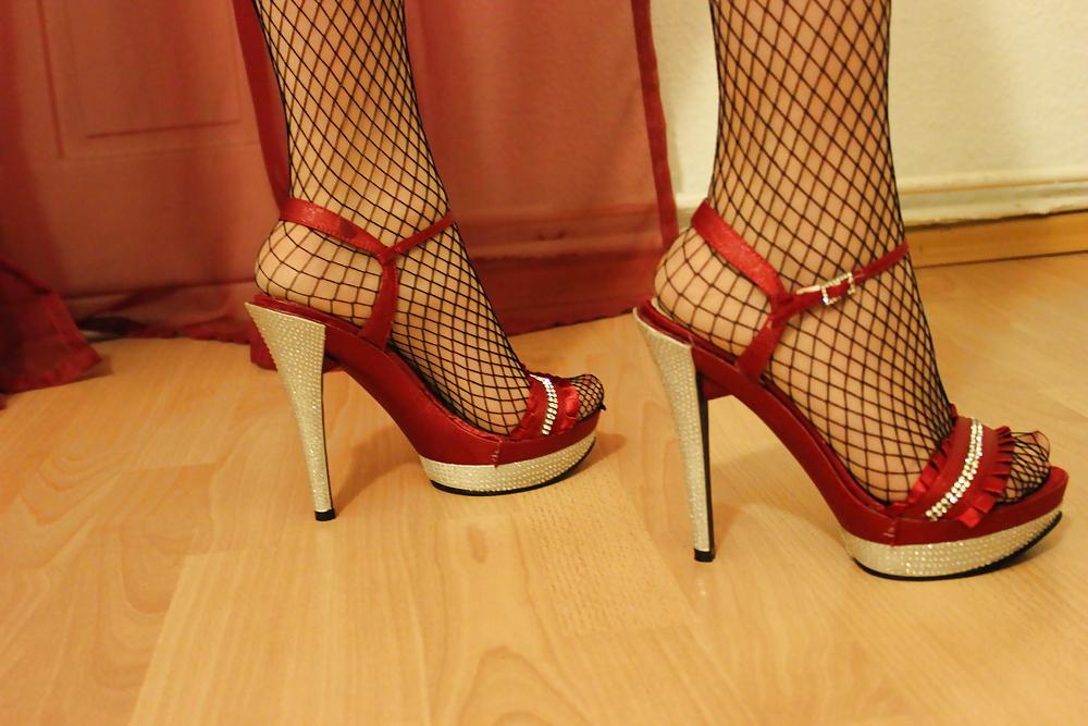 25P Milf in Red Dress and Fishnet Tights over sheer Pantyhose