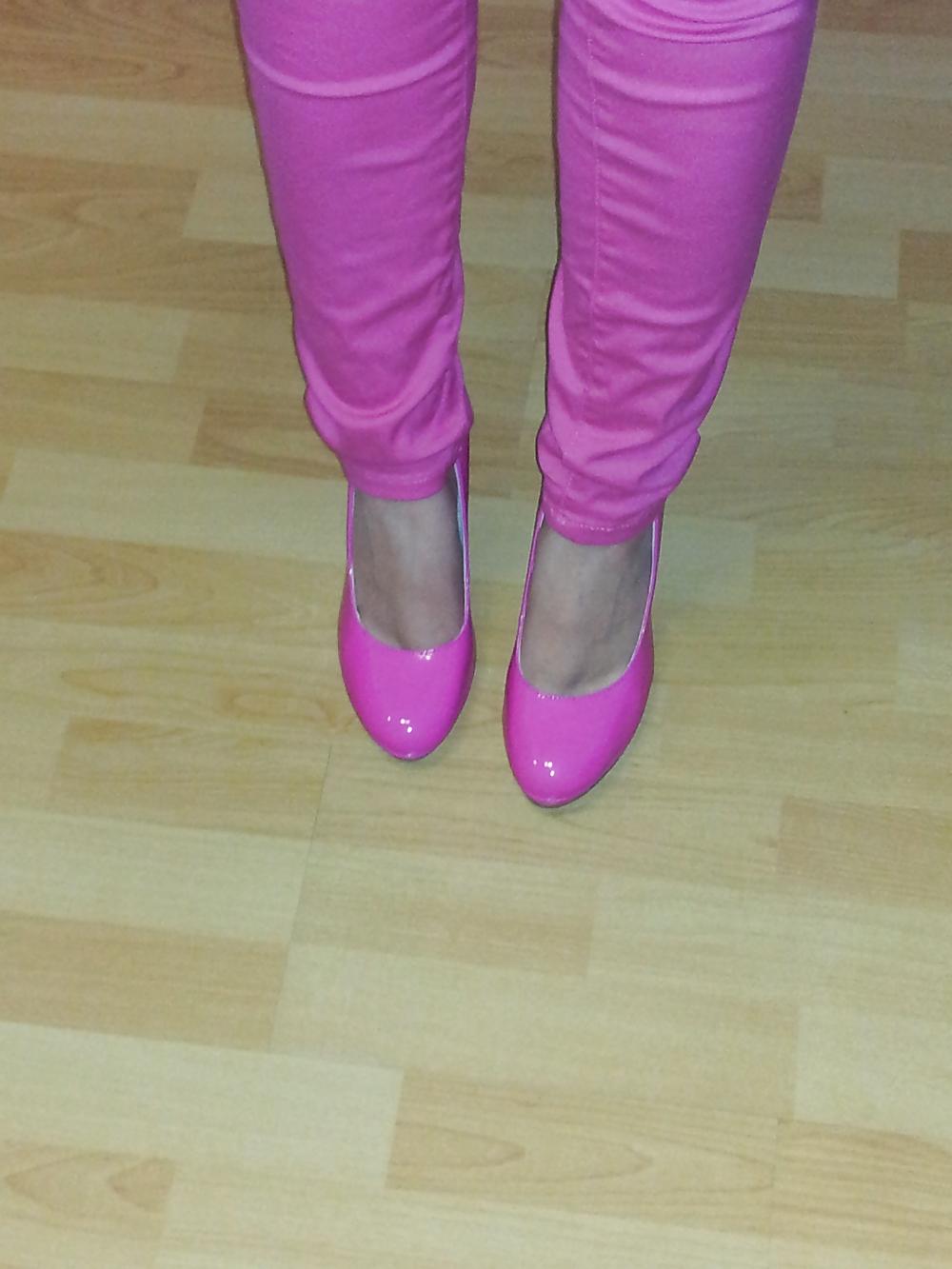 13P Wifes sexy pink pants lack patent shiny heels pumps shoes