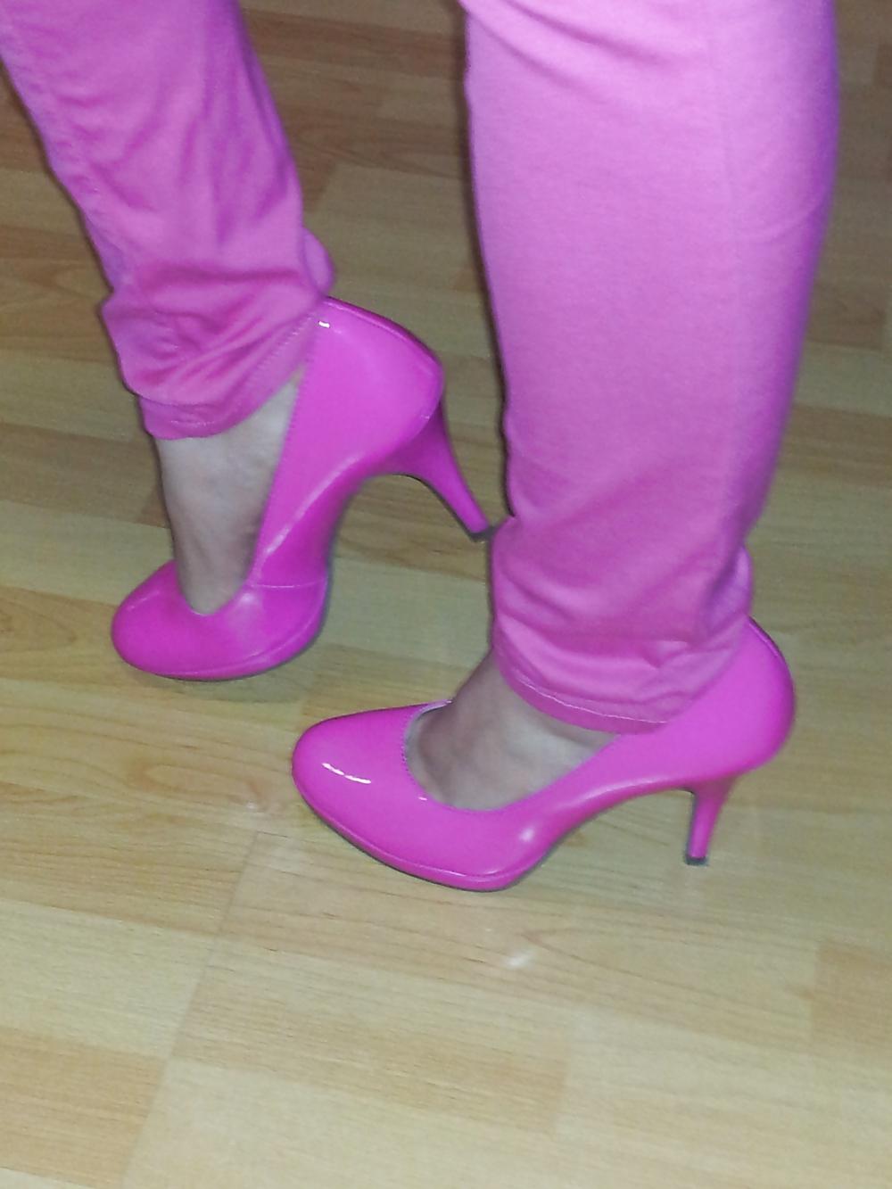 13P Wifes sexy pink pants lack patent shiny heels pumps shoes