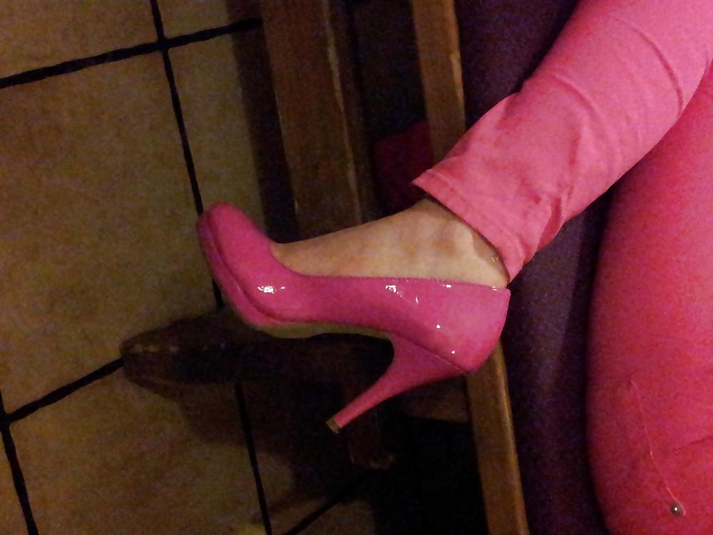 13P Wifes sexy pink pants lack patent shiny heels pumps shoes