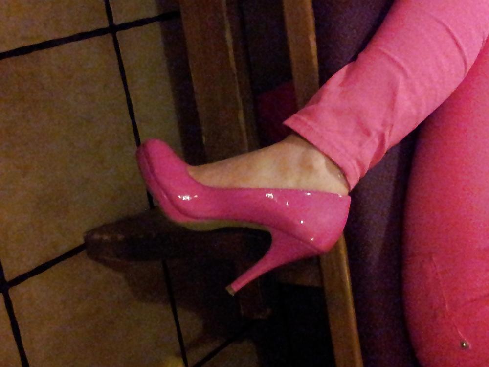 13P Wifes sexy pink pants lack patent shiny heels pumps shoes