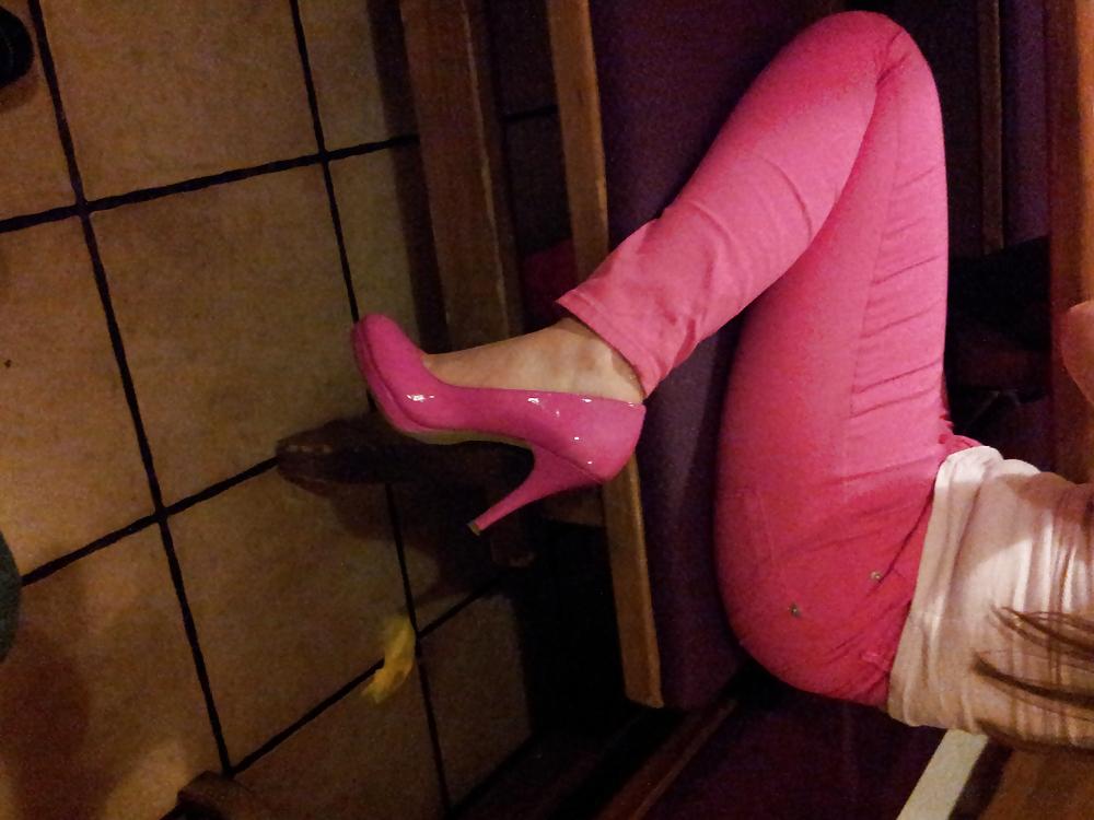 13P Wifes sexy pink pants lack patent shiny heels pumps shoes