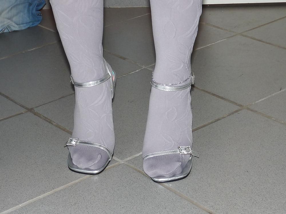 7P Wifes shiny silver sandals heels pantyhose