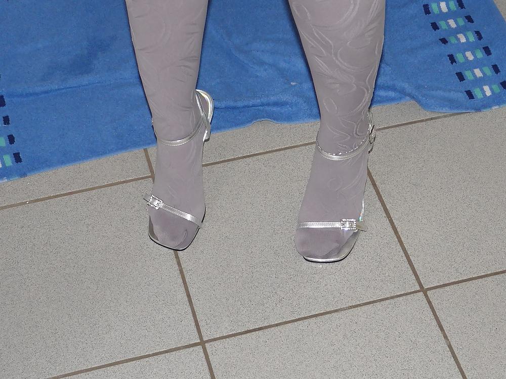 7P Wifes shiny silver sandals heels pantyhose
