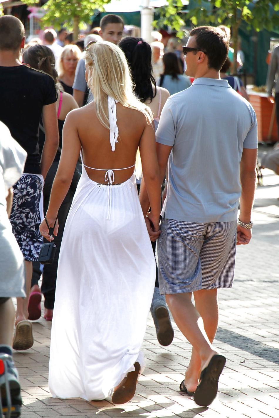 15P Candid Wives In Hot See Thru White Pants And Dress
