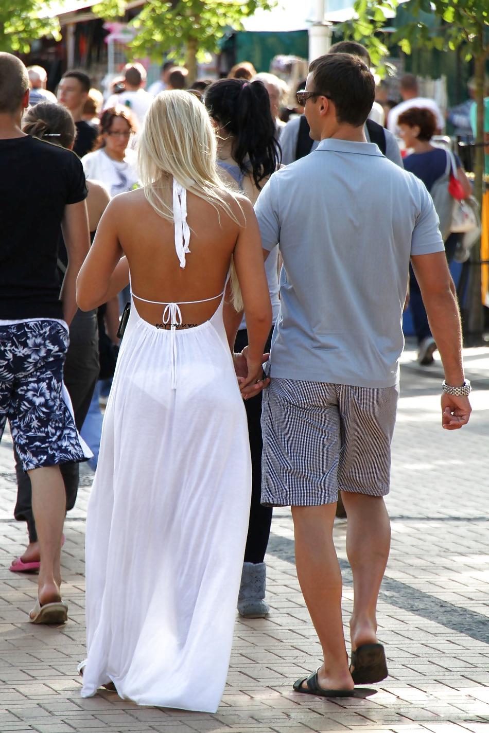 15P Candid Wives In Hot See Thru White Pants And Dress