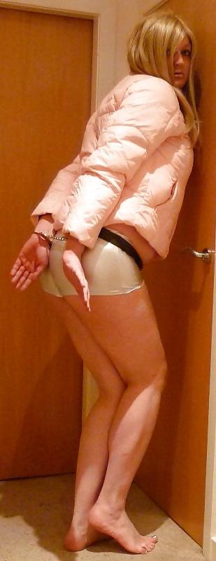 14P Cuffed and gagged in shiny shorts