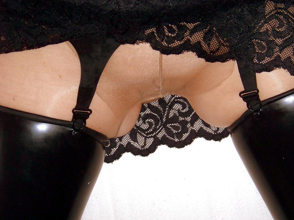 8P Latex stockings over pantyhose