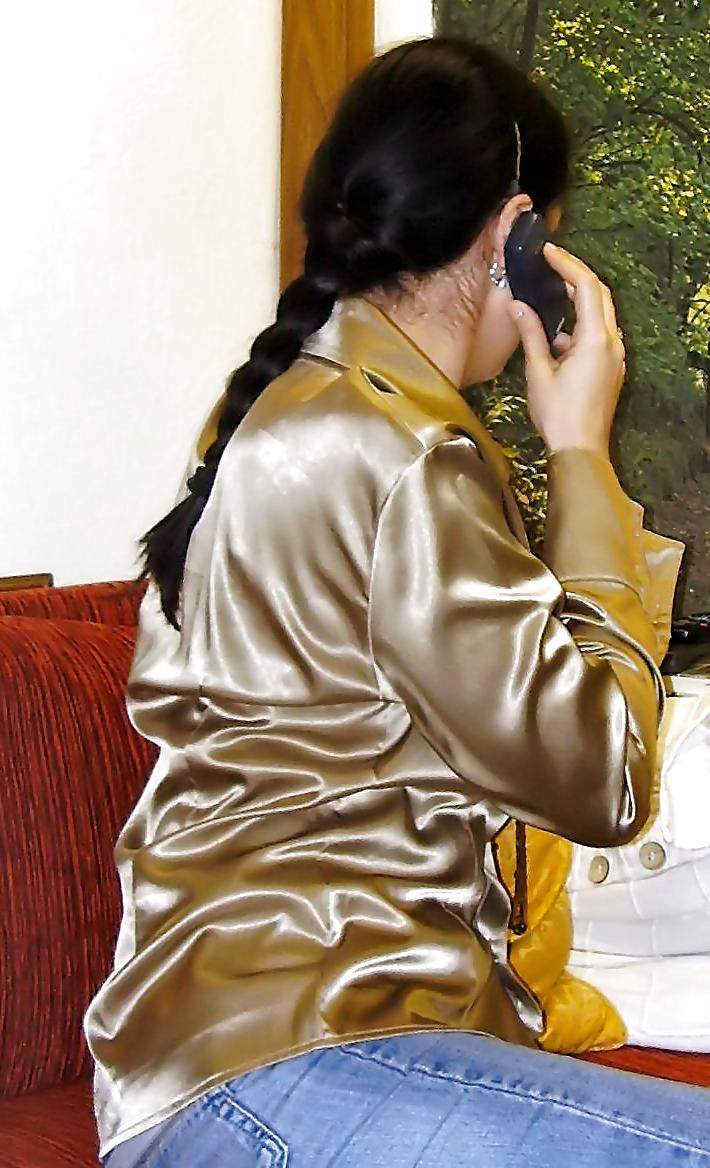 8P Long Tongue Mature in Gold Satin Blouse