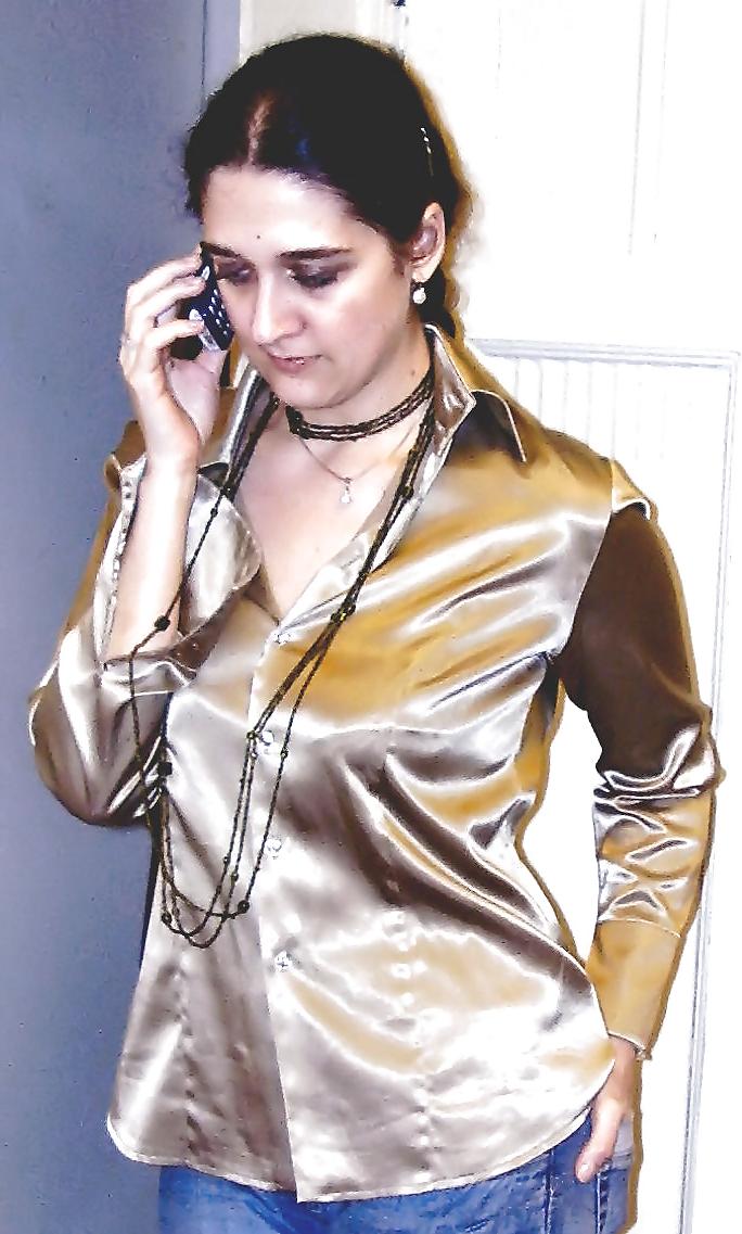 8P Long Tongue Mature in Gold Satin Blouse
