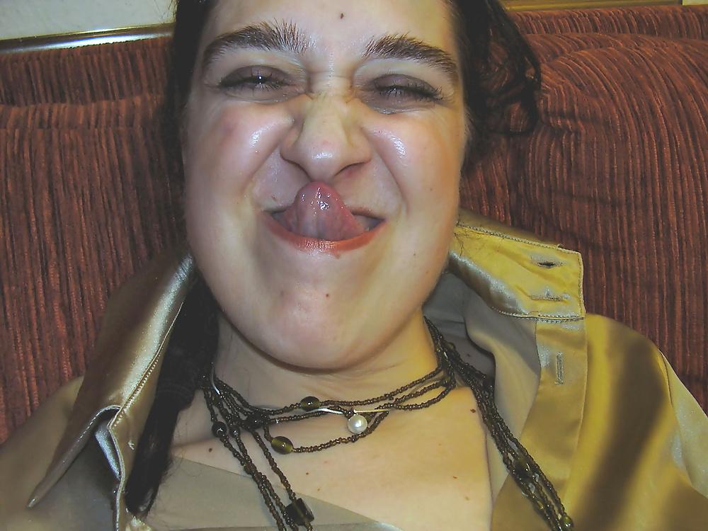8P Long Tongue Mature in Gold Satin Blouse
