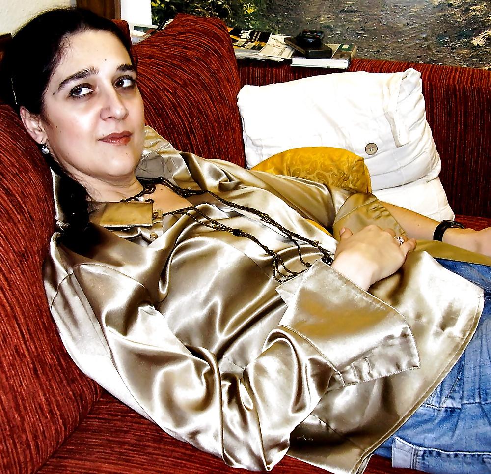 8P Long Tongue Mature in Gold Satin Blouse