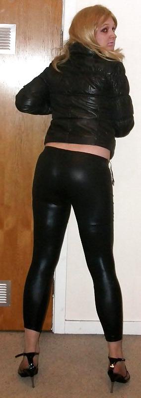 16P Hot sissy chav in black shiny leggings