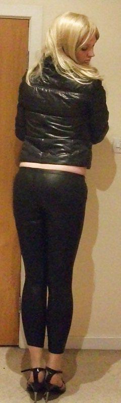 16P Hot sissy chav in black shiny leggings