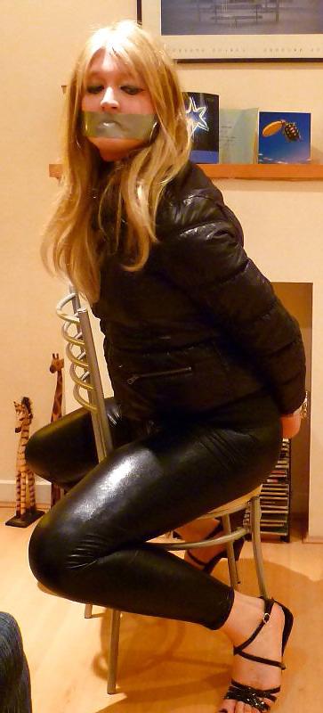 16P Hot sissy chav in black shiny leggings