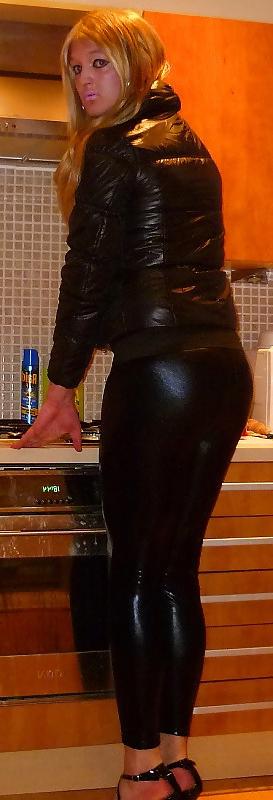 16P Hot sissy chav in black shiny leggings