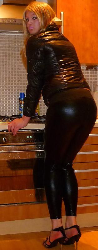 16P Hot sissy chav in black shiny leggings