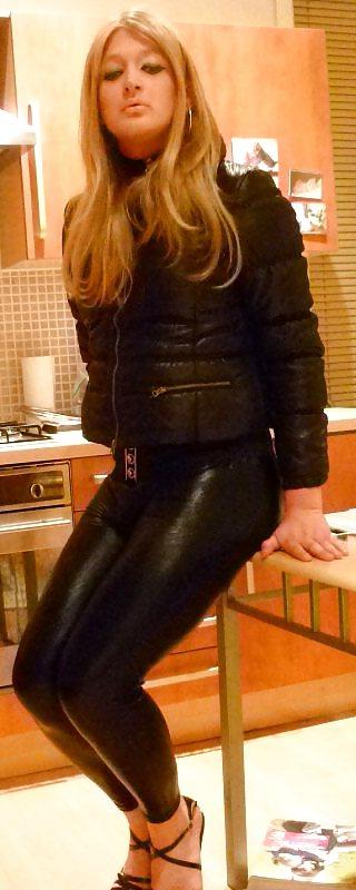 16P Hot sissy chav in black shiny leggings