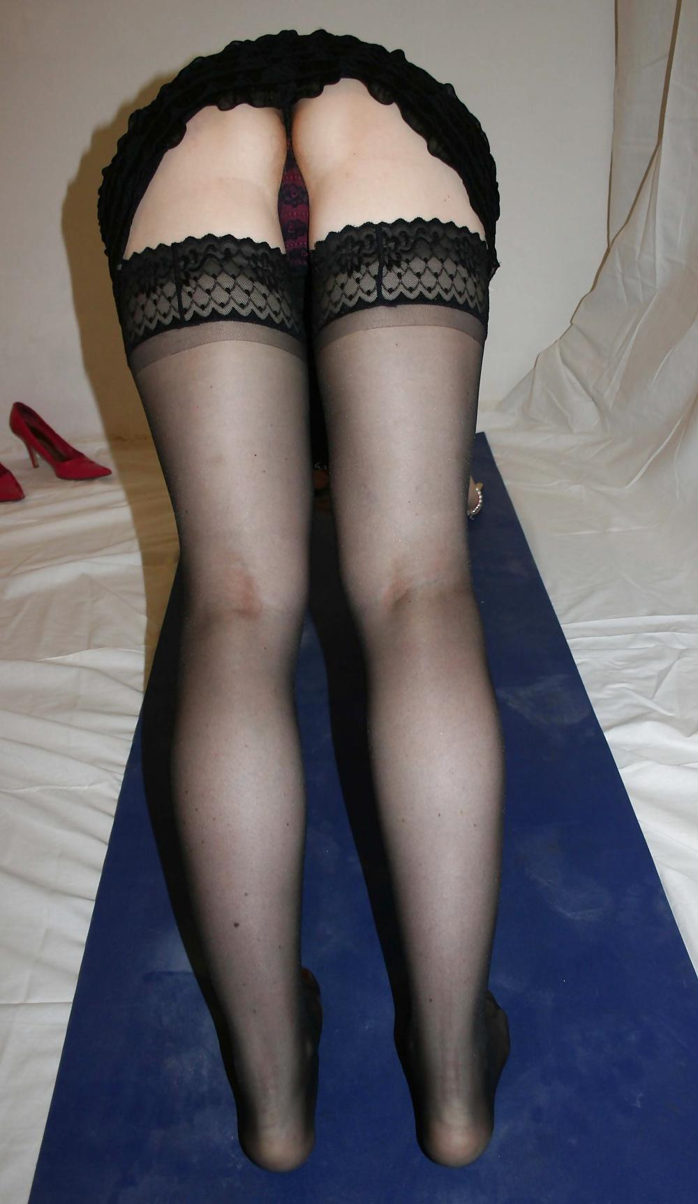 25P Me Doing my Yoga workout in stockings and short skirt