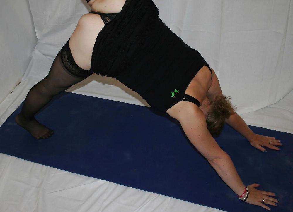 25P Me Doing my Yoga workout in stockings and short skirt