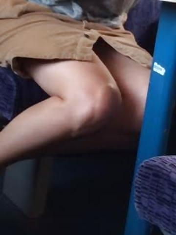 9P Candid blonde on train shows legs and upskirt