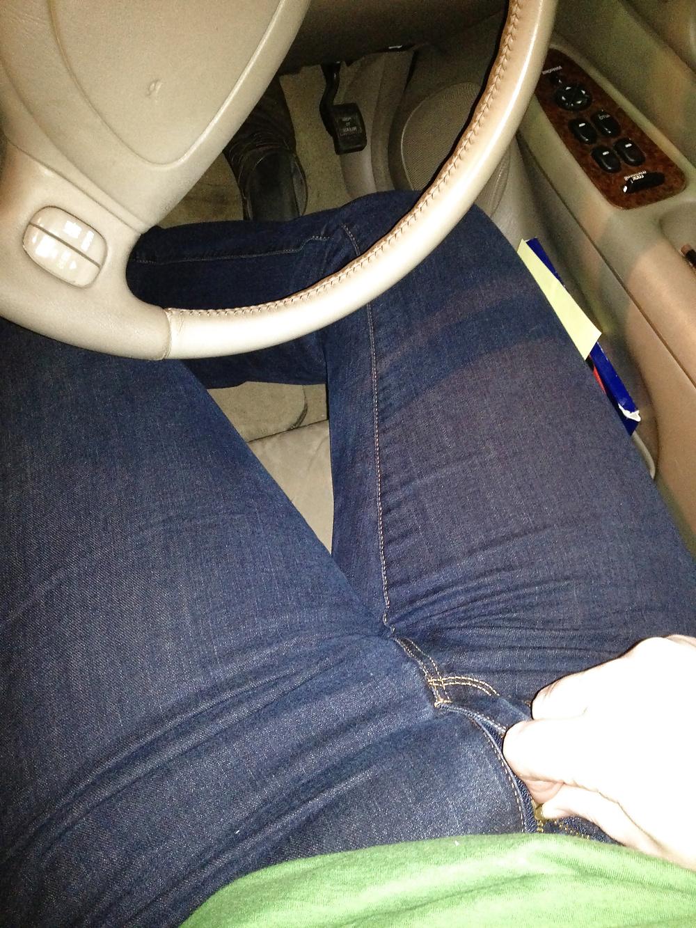 14P Enjoying pantyhose covered furry kitty in car in parking lot