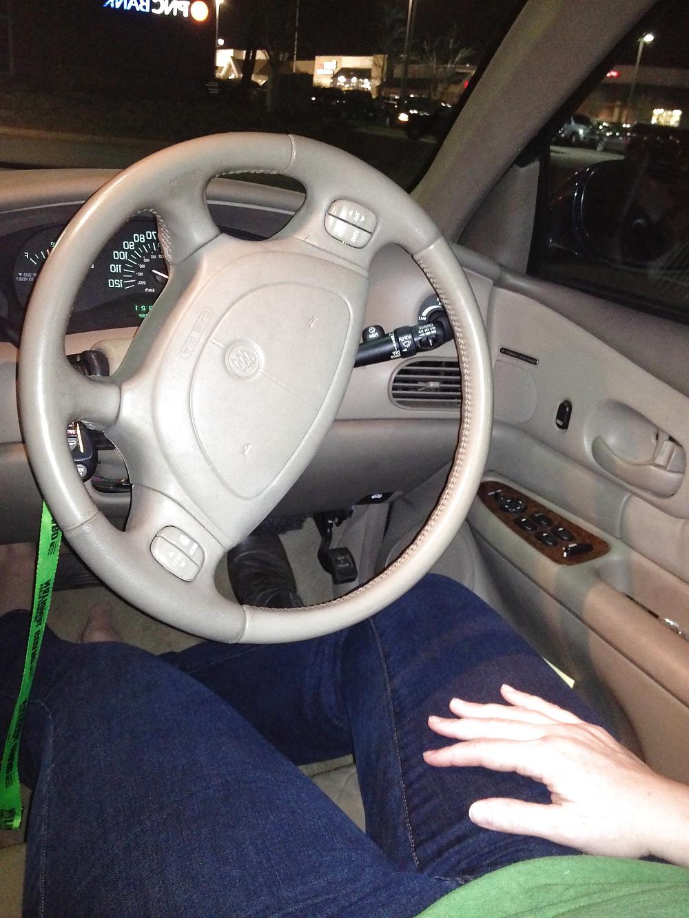 14P Enjoying pantyhose covered furry kitty in car in parking lot