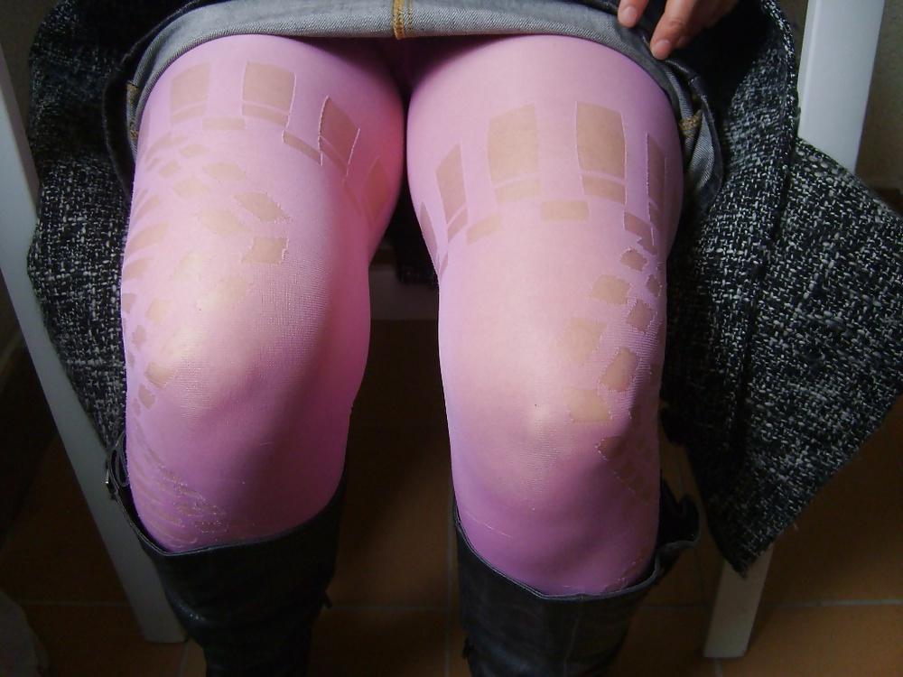22P Tights under a skirt sitting with legs apart