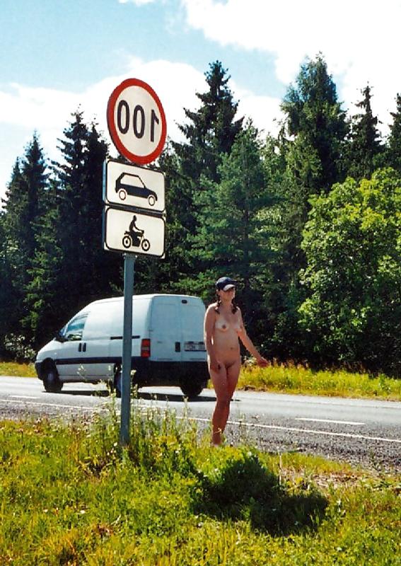 24P Naked girl hitchhiking