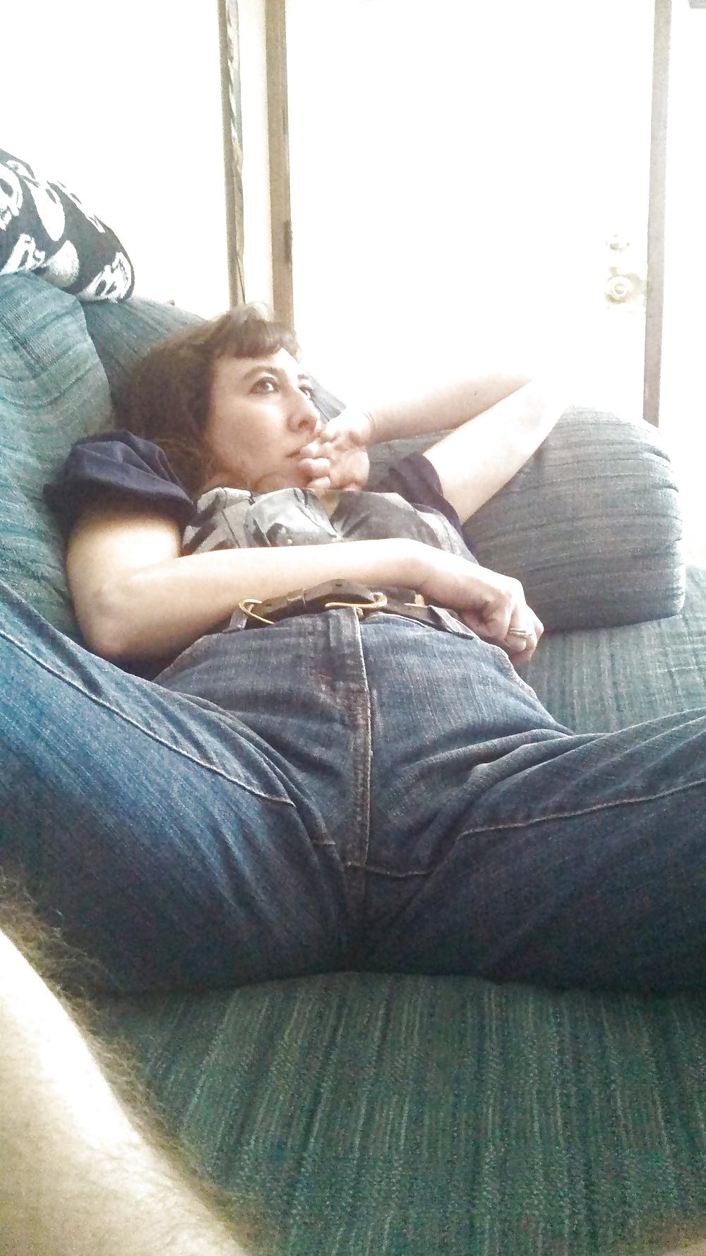25P My Wife's pussy mound you can see through jeans.