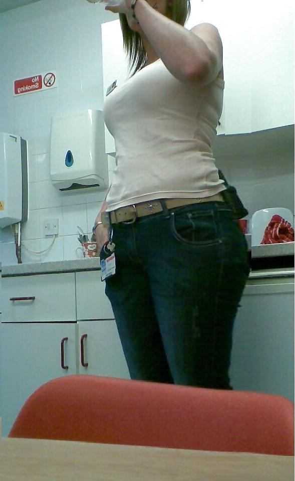 10P Blonde PAWG co-worker in tight trousers & jeans