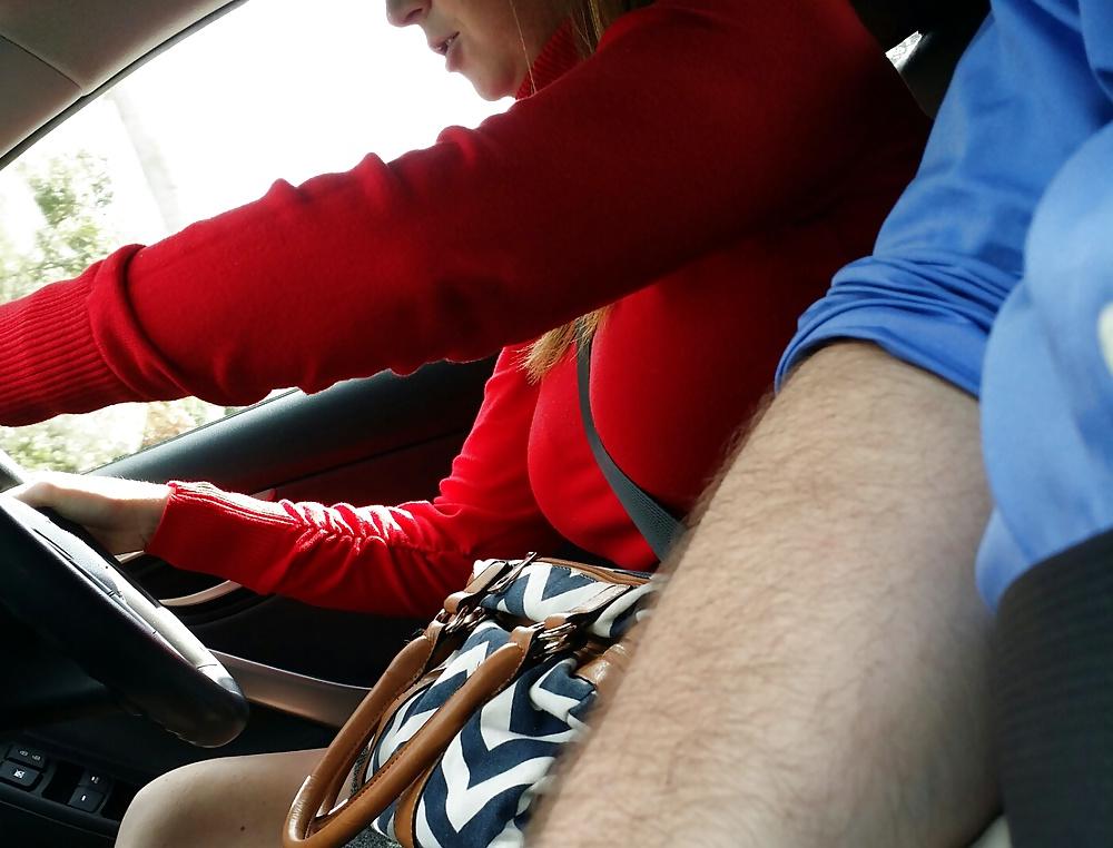 5P Candid Car shots of big tits redhead coworker