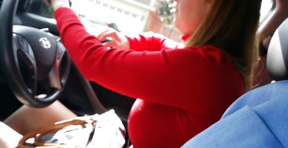 5P Candid Car shots of big tits redhead coworker