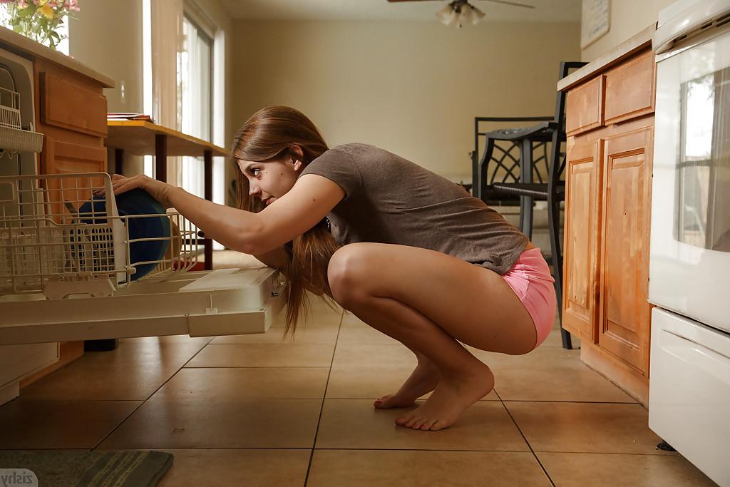 12P Charming brunette teen Aubrey Snow bending over on the kitchen floor