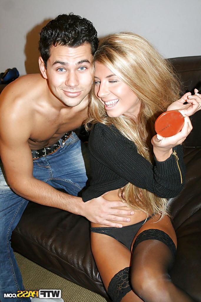 16P Slutty blonde coed gets her flat belly glazed with cum after a groupsex