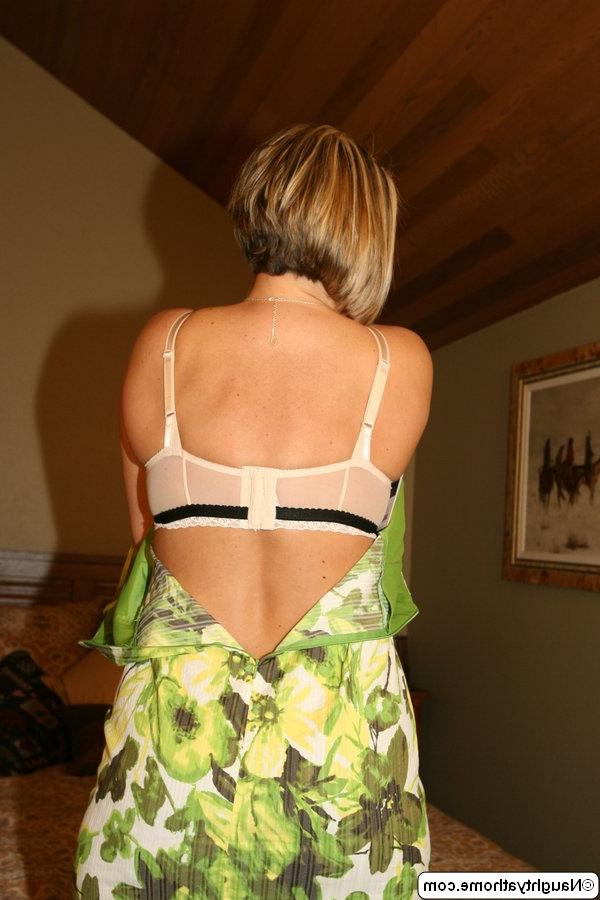 20P Blond mature Desirae Spencer stripping down to lingerie and posing in stockings