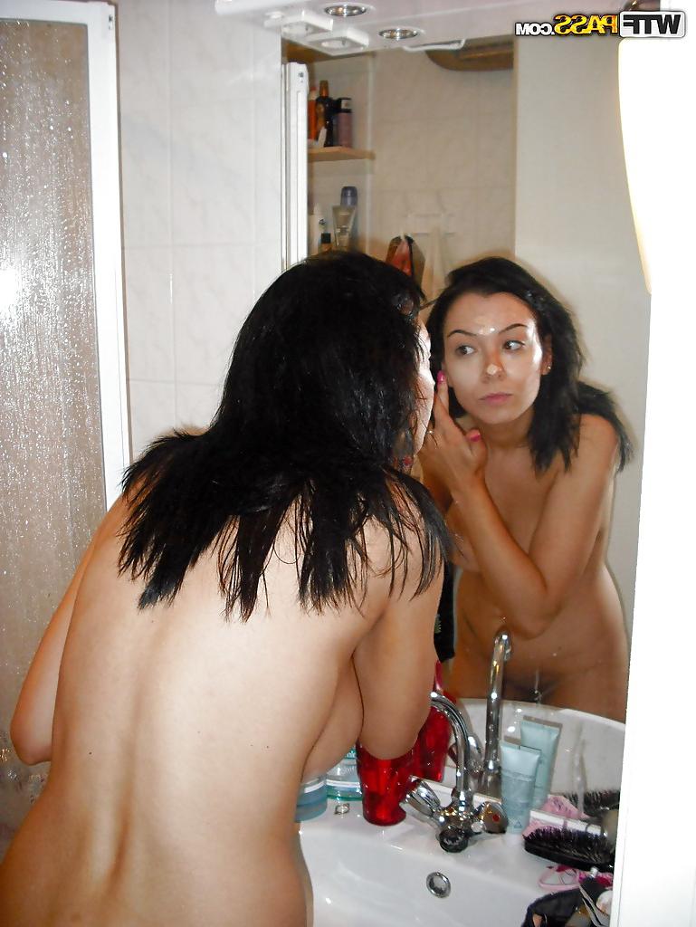 15P Sweet brunette with big tits toying her asshole after shower