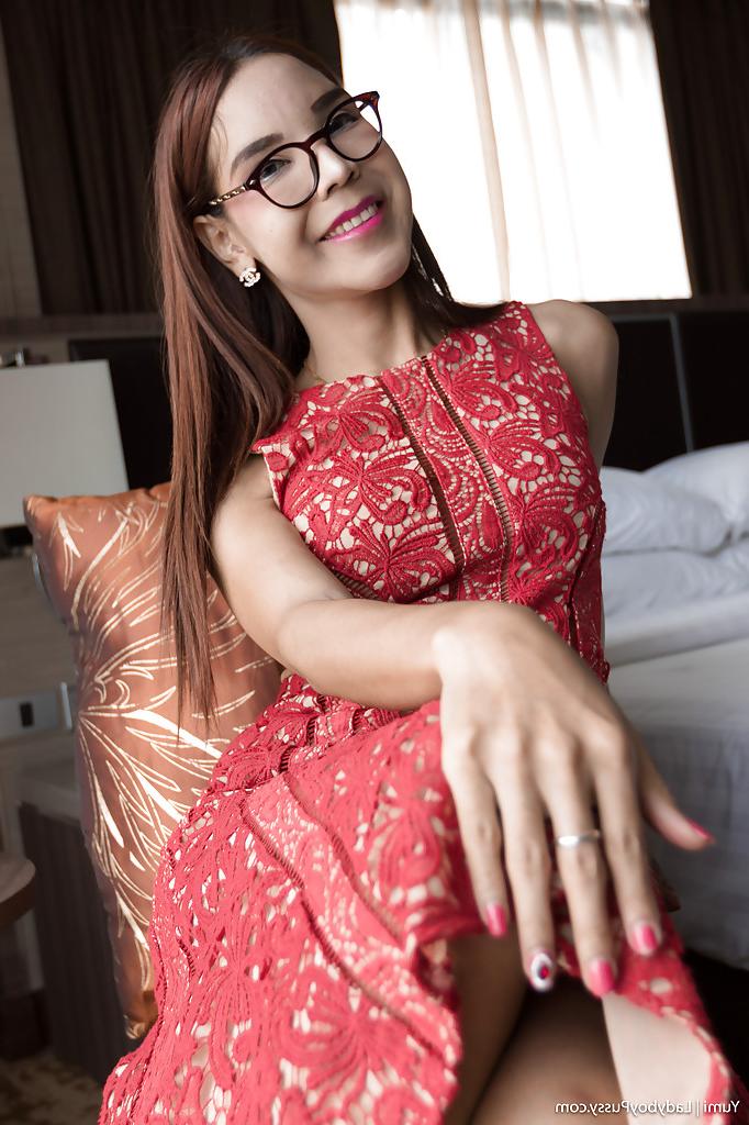 16P Nerdy Asian ladyboy Yumi toying asshole and spreading post-op pussy
