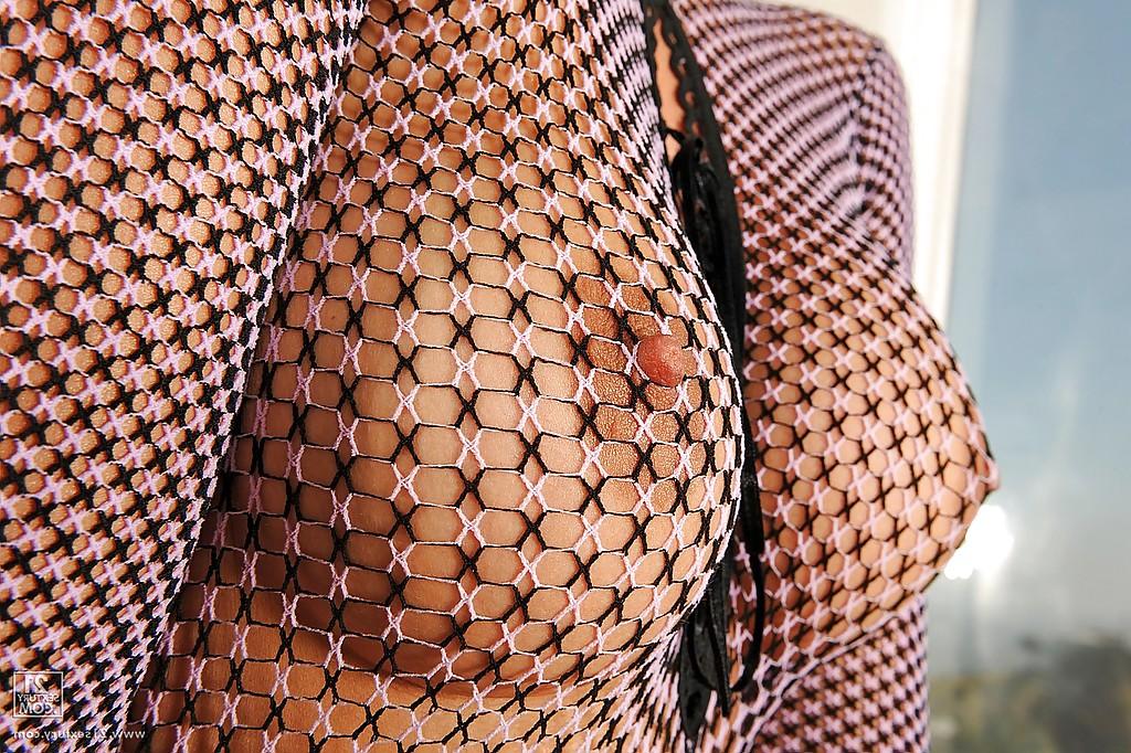 16P Gorgeous pornstar in fishnet bodystockings toying her asshole