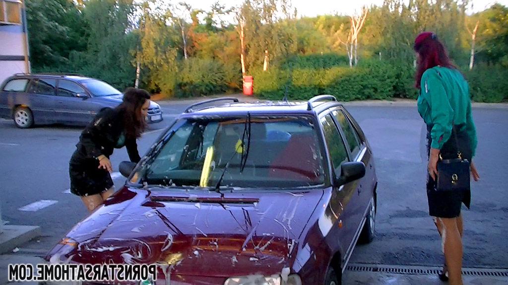 16P Glamorous ladies have some wet fully clothed car wash fun outdoor