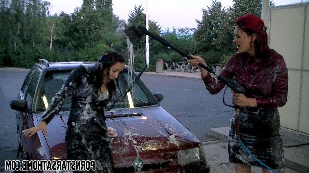 16P Glamorous ladies have some wet fully clothed car wash fun outdoor