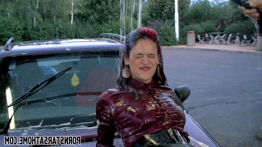 16P Glamorous ladies have some wet fully clothed car wash fun outdoor
