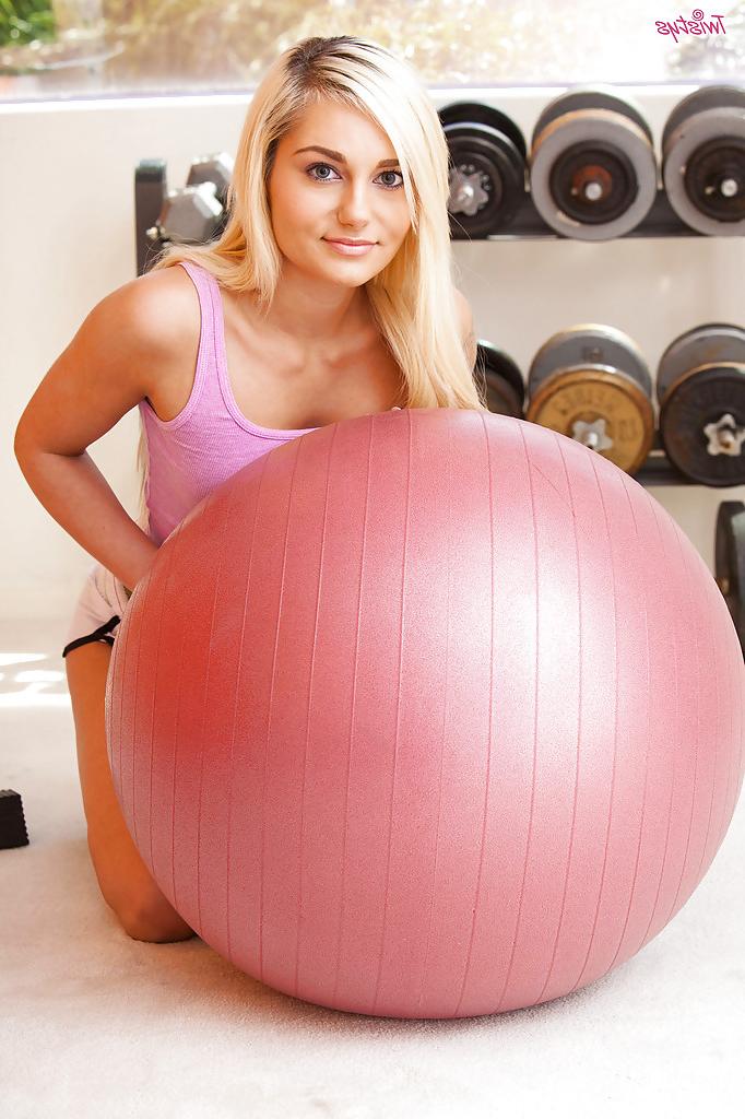 16P Cute babe Charli Shiin taking off her sexy sport outfit and caressing herself