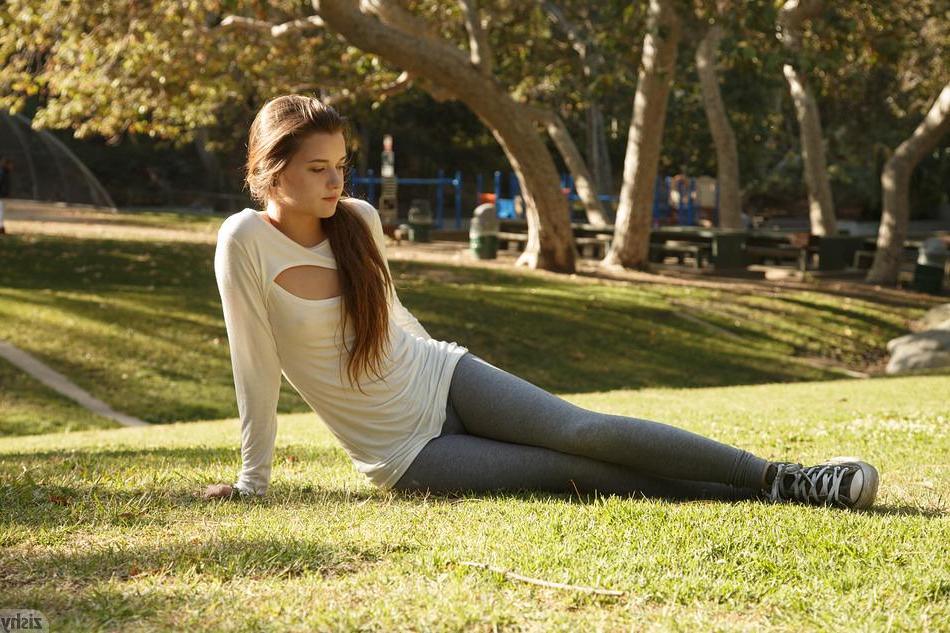 8P Brunette teen Alex Mae works out in yoga pants outside
