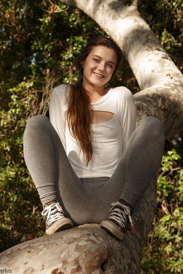 8P Brunette teen Alex Mae works out in yoga pants outside