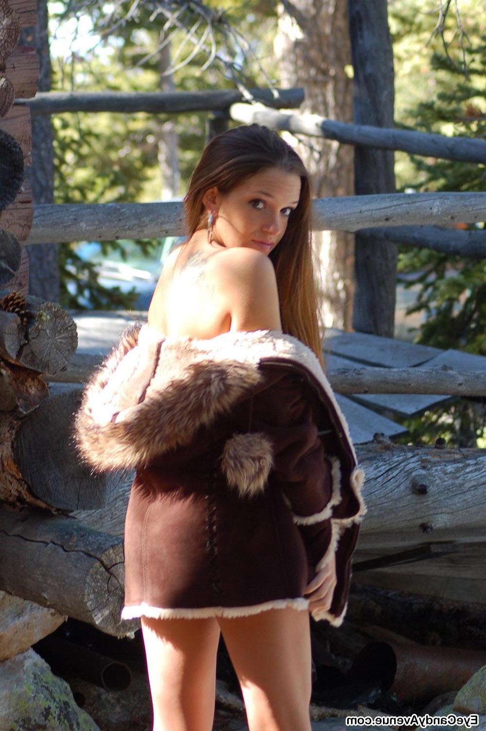 16P Sexy girl Ambrosia wears her fur lined coat and nothing else