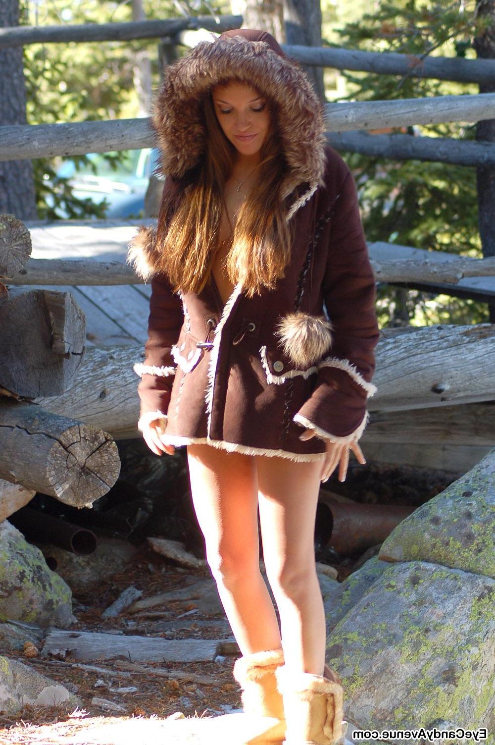 16P Sexy girl Ambrosia wears her fur lined coat and nothing else